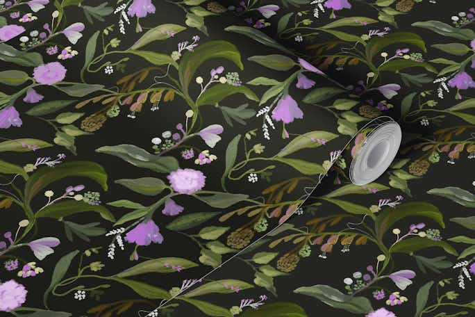 Purple floral with green tropical leaves oil painting style patternwallpaper roll