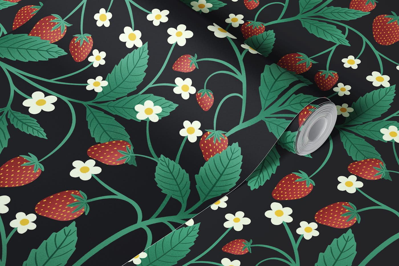 Retro Strawberries on Black wallpaper roll