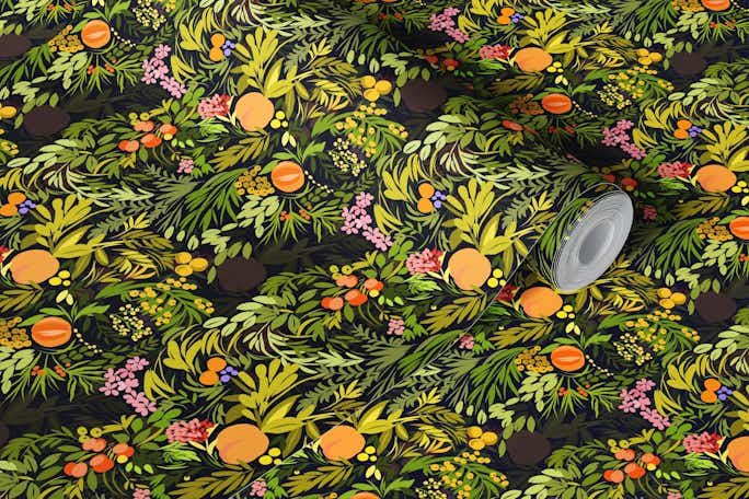 Citrus fruits and peach fruity pattern on a dark backgroundwallpaper roll
