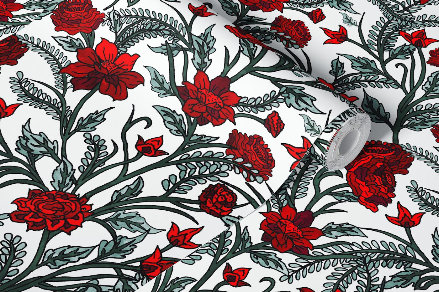 Beautiful Red Roses Pattern White wallpaper roll