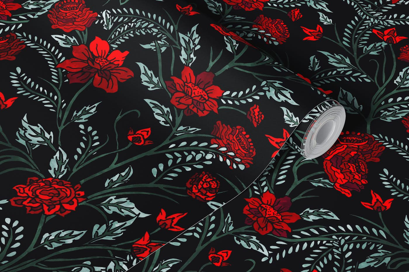 Beautiful Red Roses Pattern Black wallpaper roll