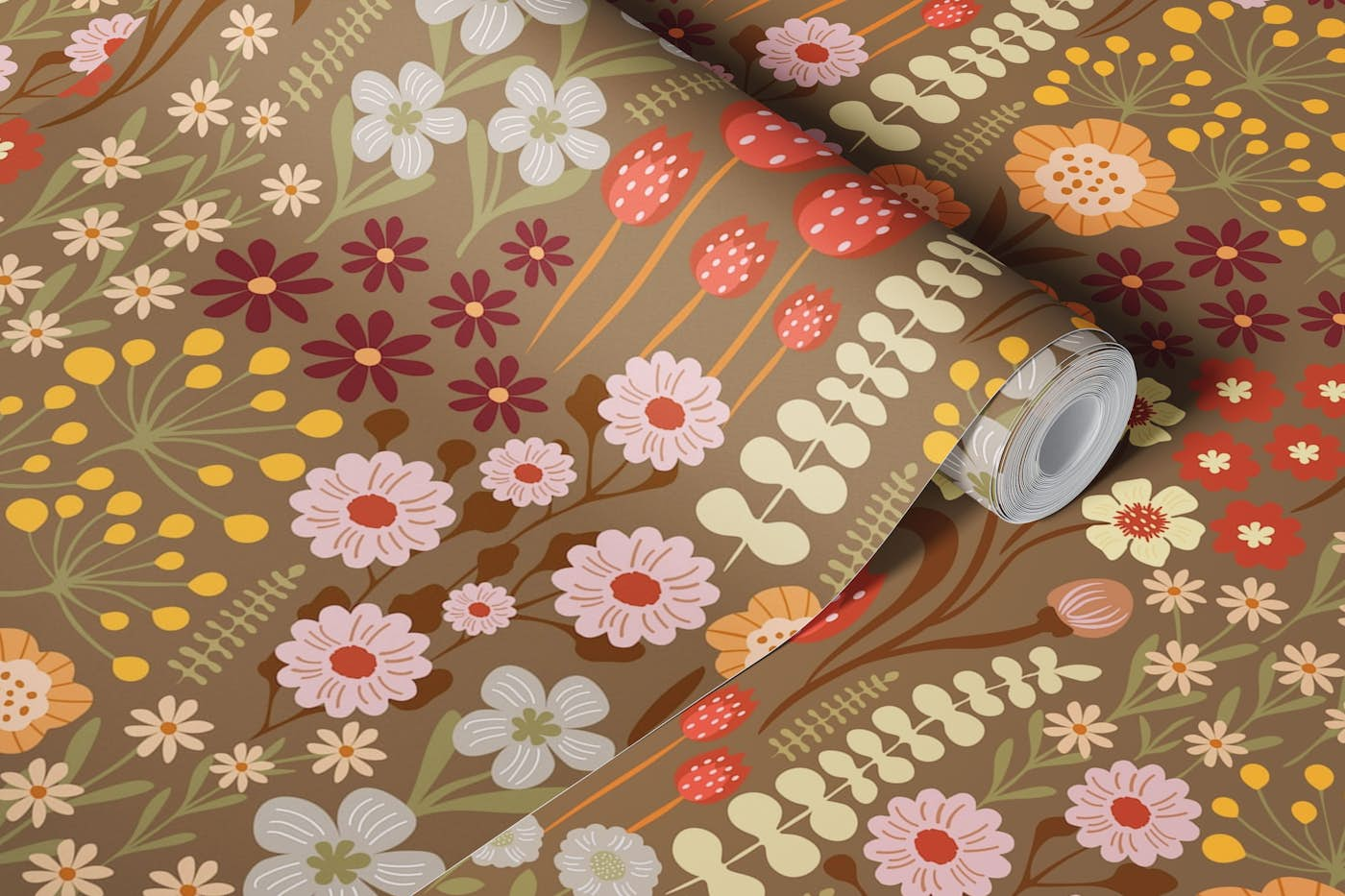 Autumn Botanical Garden Floral - Dark Taupe wallpaper roll