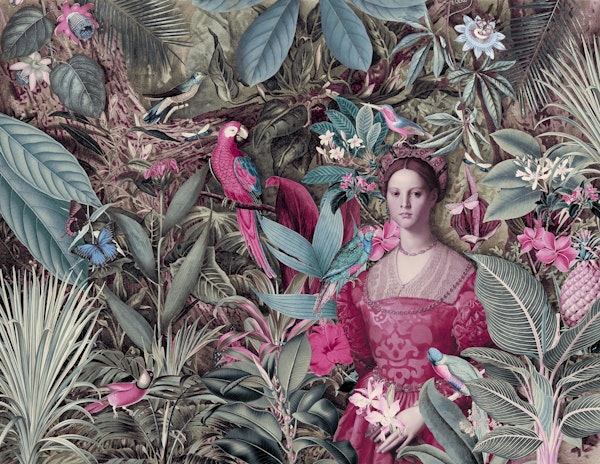 Baroque Lady With Parrots In The Jungle