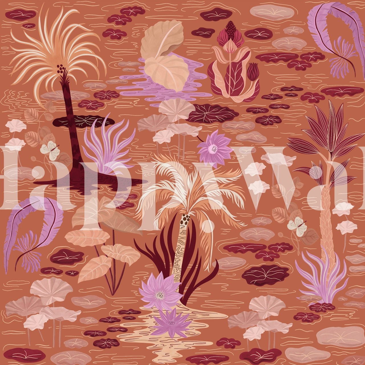 Botanical wallpaper with floral designs in earthy tones