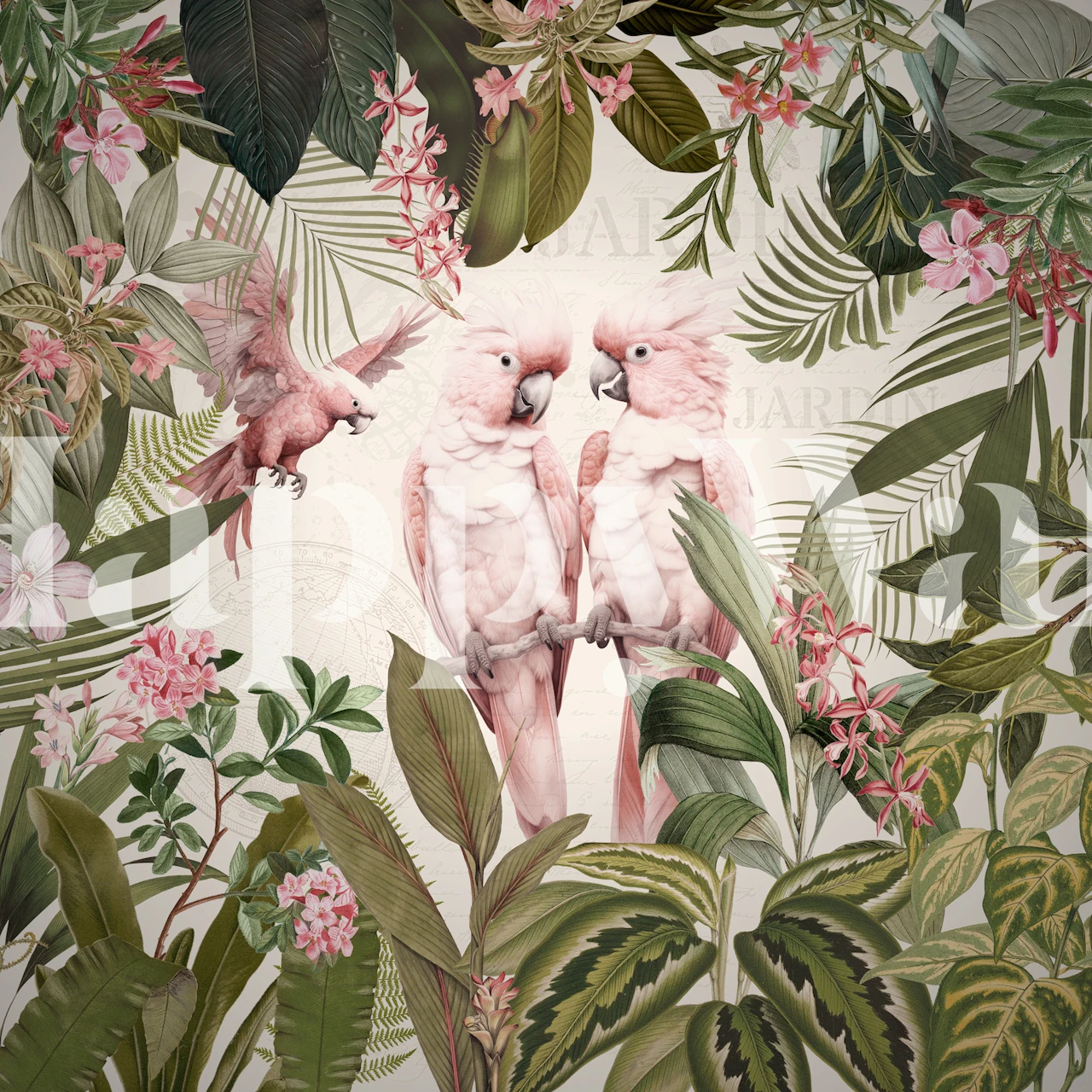 Pink parrots amidst lush green leaves and tropical flowers wallpaper