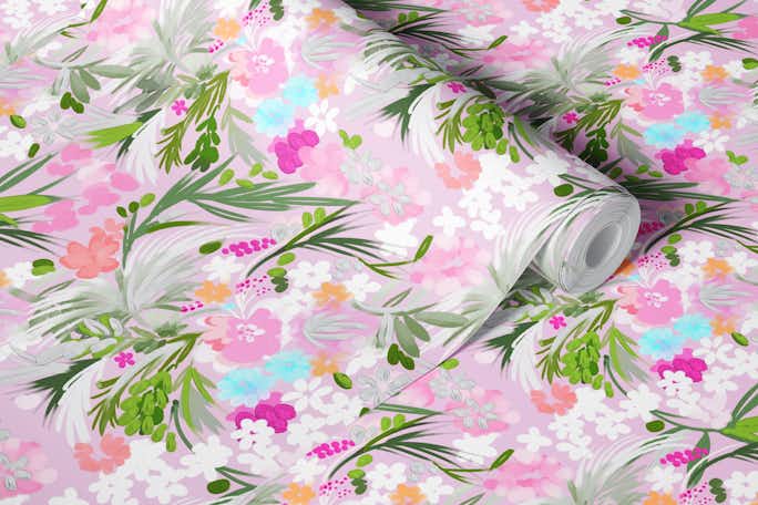 Floralie summer pink soft pastels flowers patternwallpaper roll