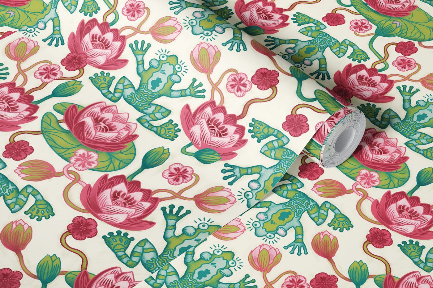 Frogs and lilies pink green wallpaper roll