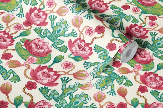 Frogs and lilies pink greenwallpaper roll