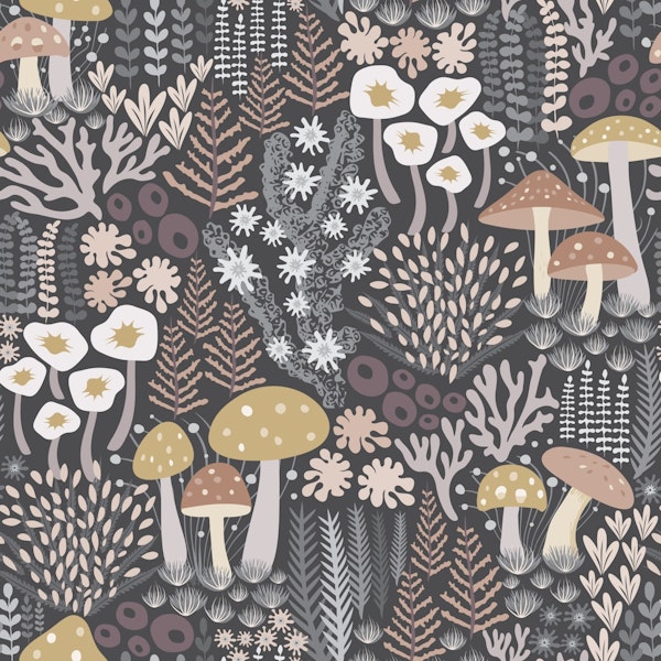 Whimsical Mushroom Moss Forest - Dark Grey
