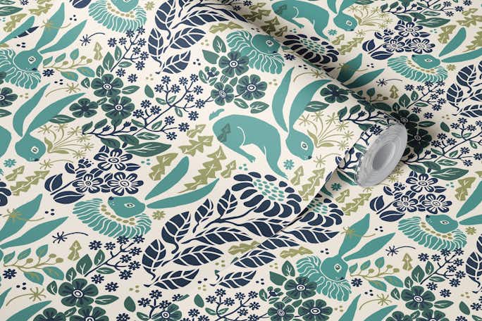Blue rabbits in lush garden ( teal / ivory ) - country style for kidswallpaper roll