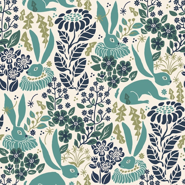 Rabbits in a blue meadow on cream