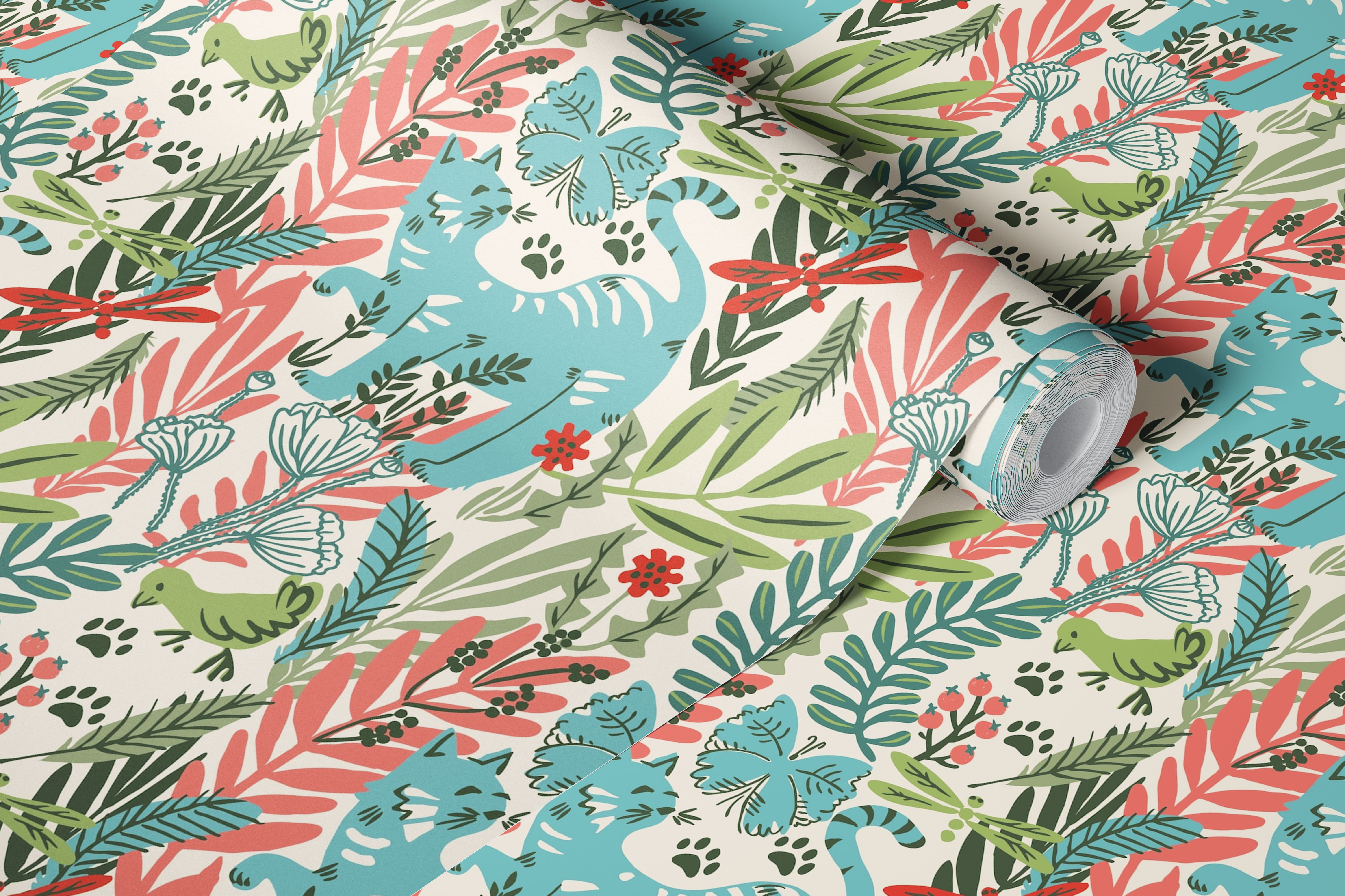 Colorful cat surrounded by flowers and leaves wallpaper