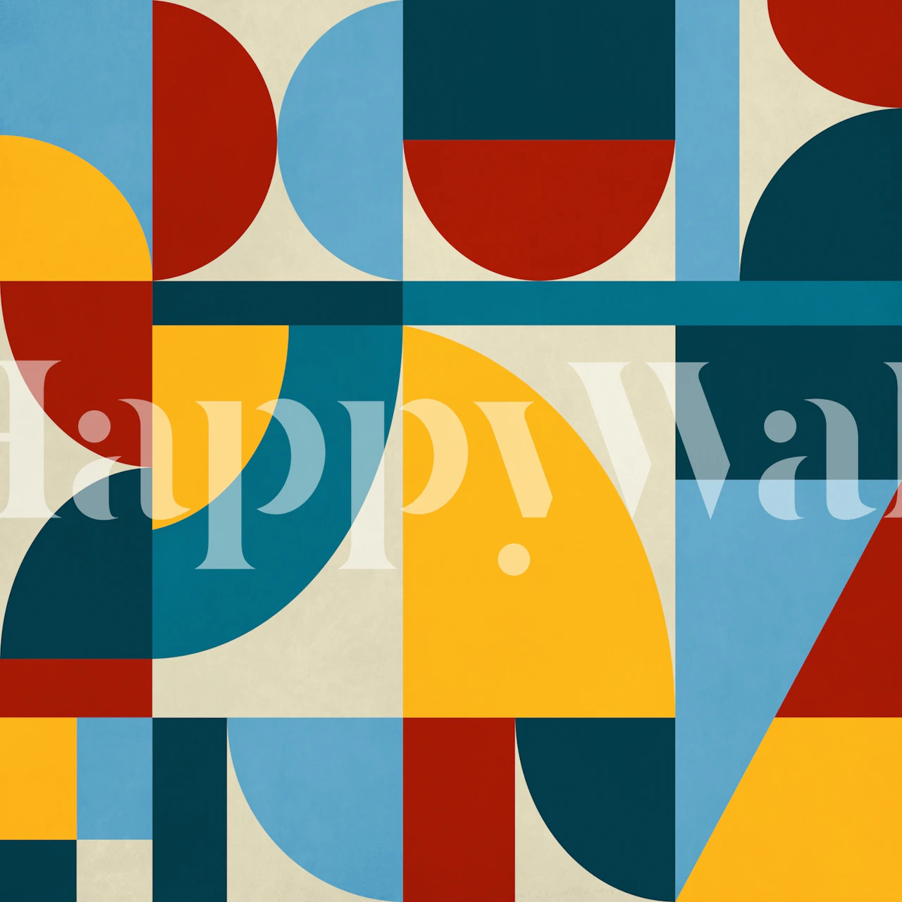 Geometric abstract wall mural in red, blue, yellow, and beige