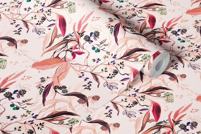 Dreamy romanesque romance soft coral pink leaves flowers and foliage patternwallpaper roll