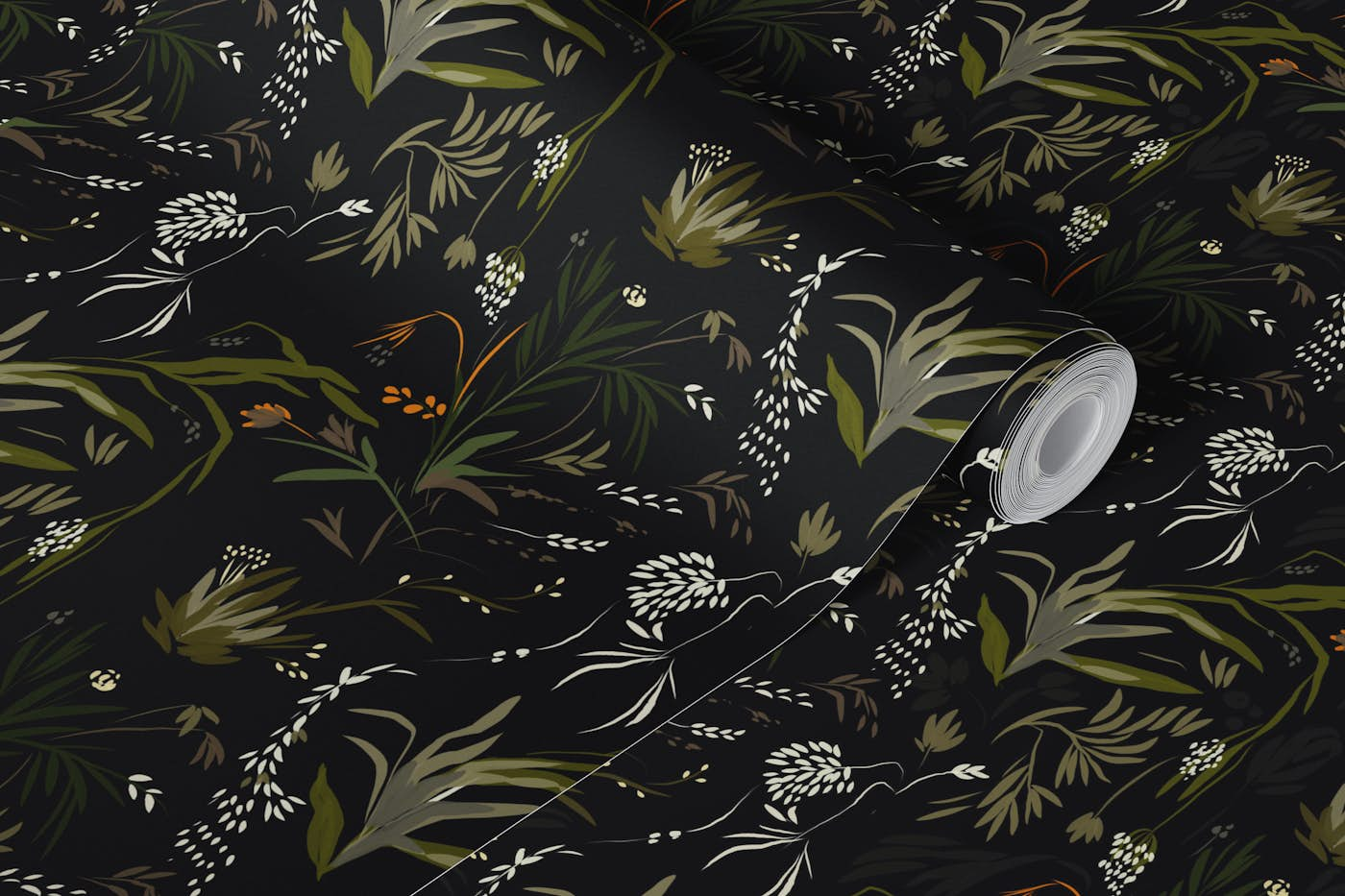 Foliage tropical dark green leaves and white flowers wallpaper roll