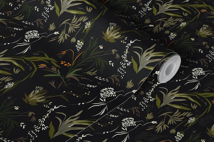 Foliage tropical dark green leaves and white flowerswallpaper roll