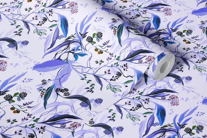 Purple florals and leaves patternwallpaper roll
