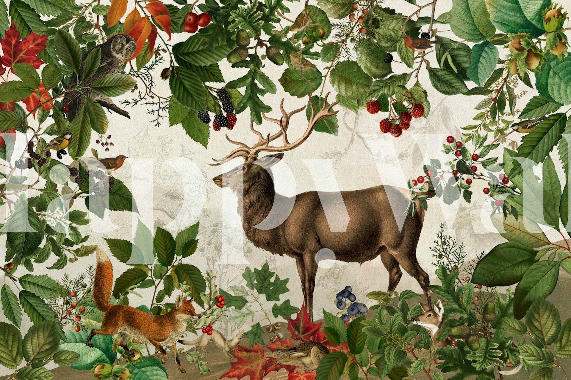 Autumn forest wall mural with a majestic stag surrounded by lush foliage and berries