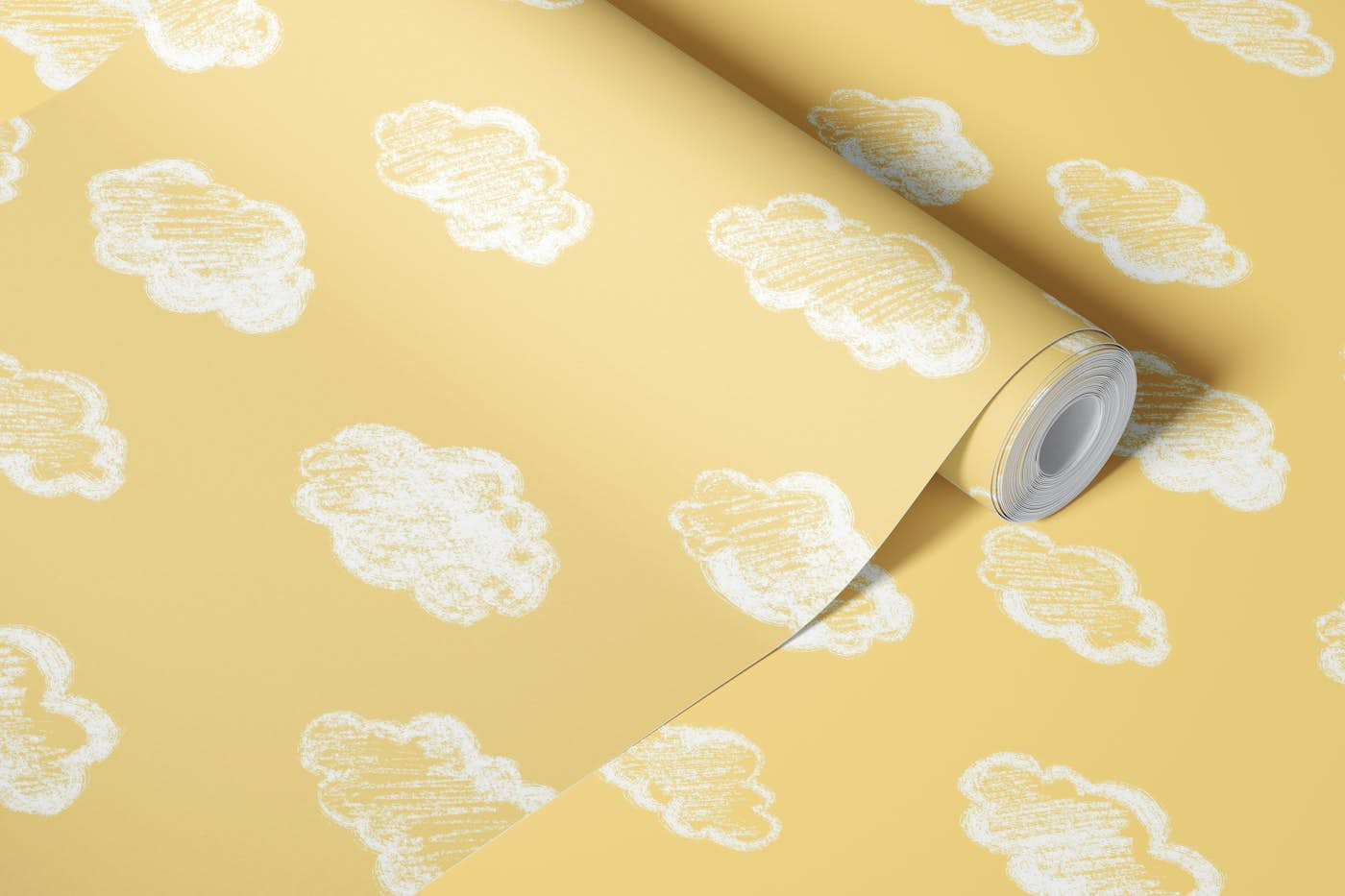 Chalk Clouds Pattern On Yellow wallpaper roll