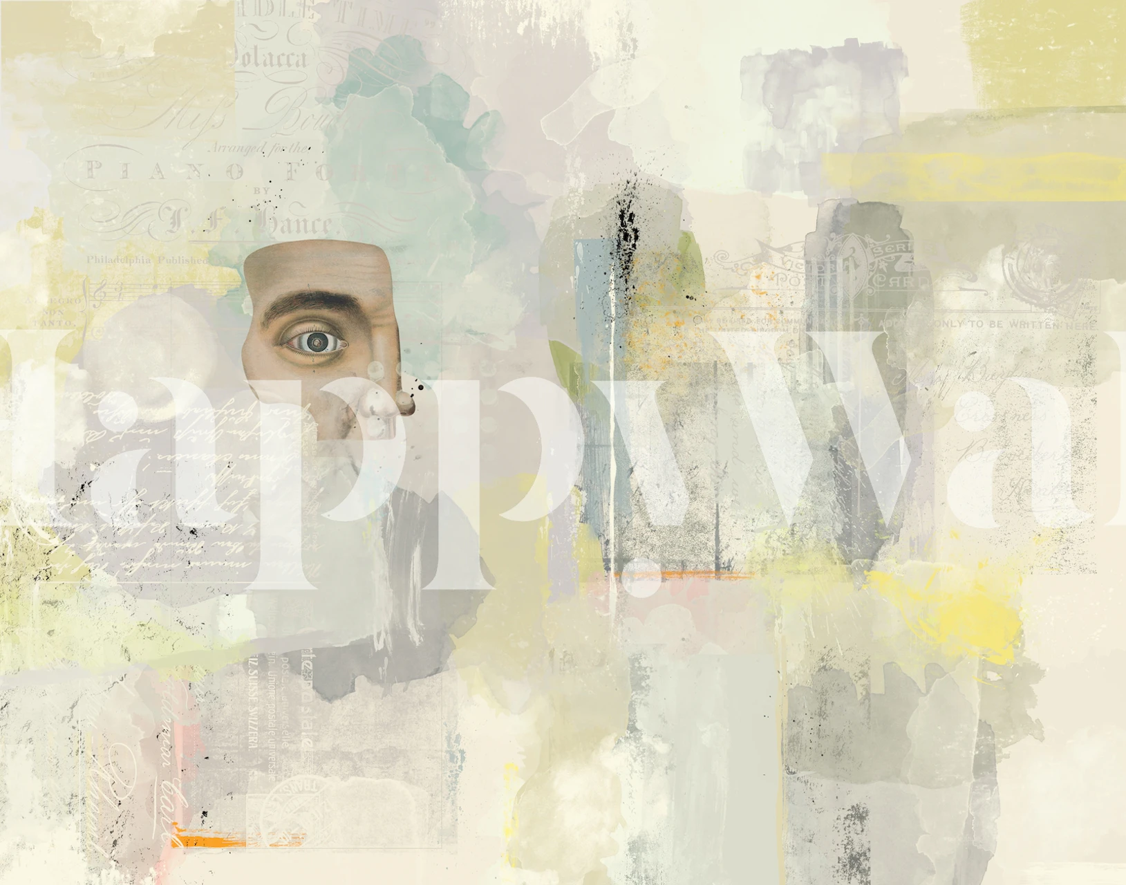 Abstrakt akvarel vintage vægmaleri med bløde pasteltoner og kunstneriske elementer.