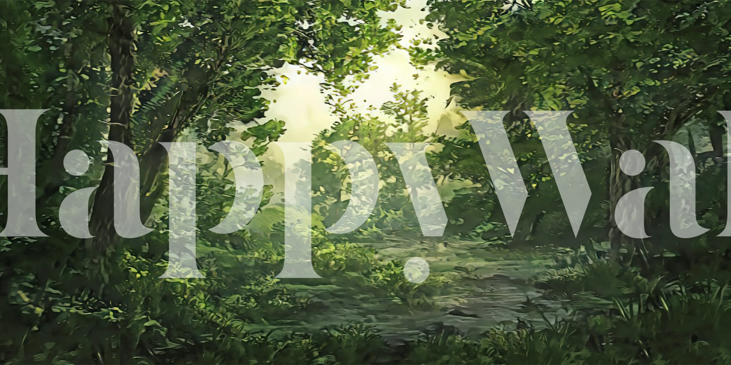 Carta da parati di una scena di foresta lussureggiante con verde vibrante e soffusa luce solare che filtra attraverso gli alberi