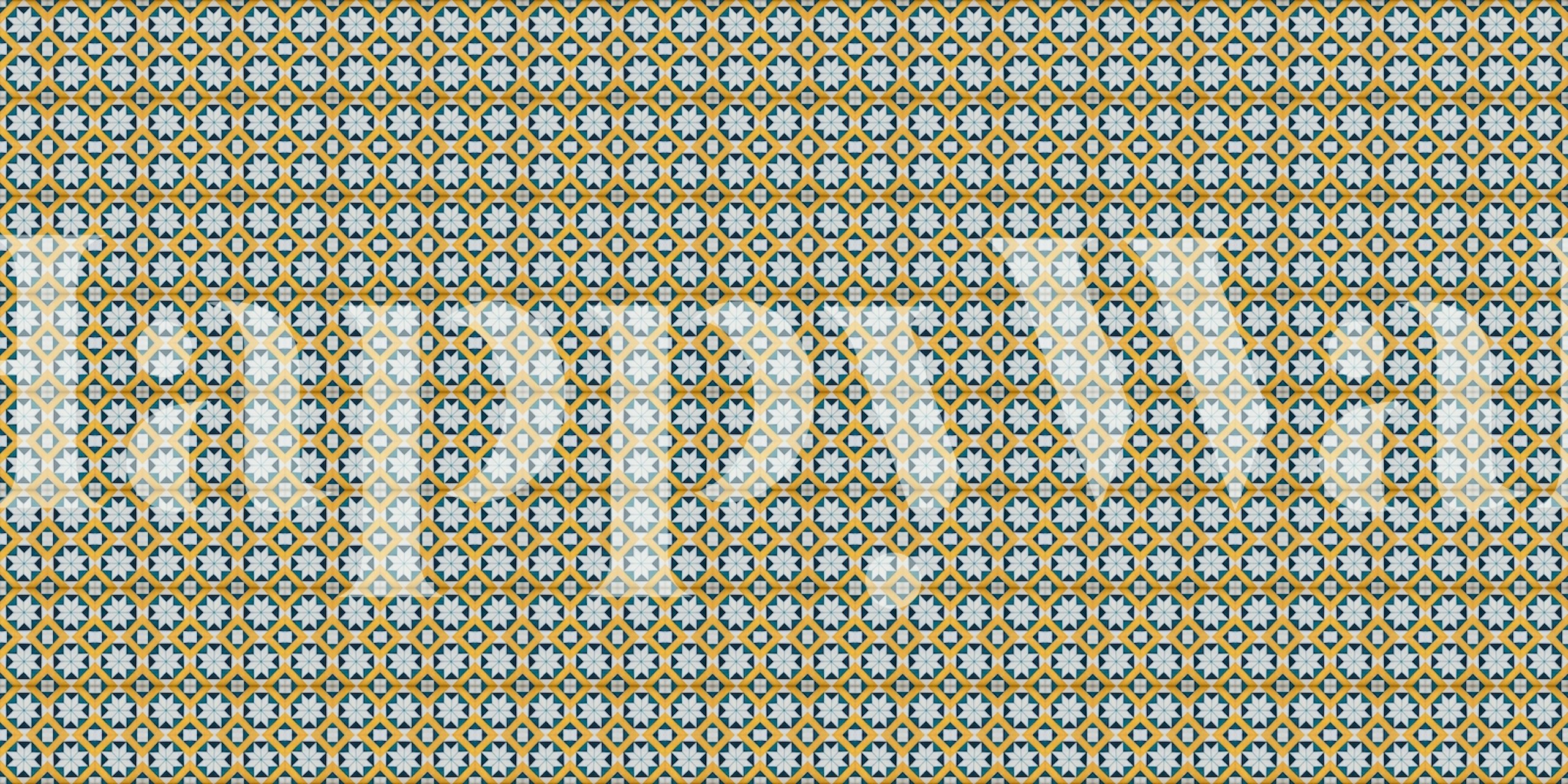 Colorful repeating Indian tile pattern wallpaper with blue, white, and gold.