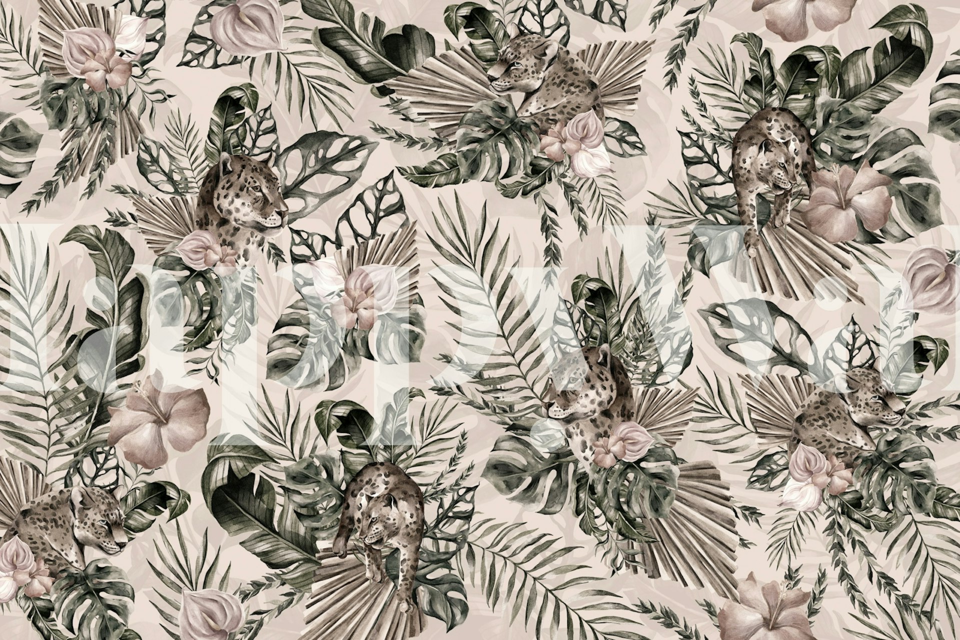 Cheetahs among tropical leaves and flowers wallpaper