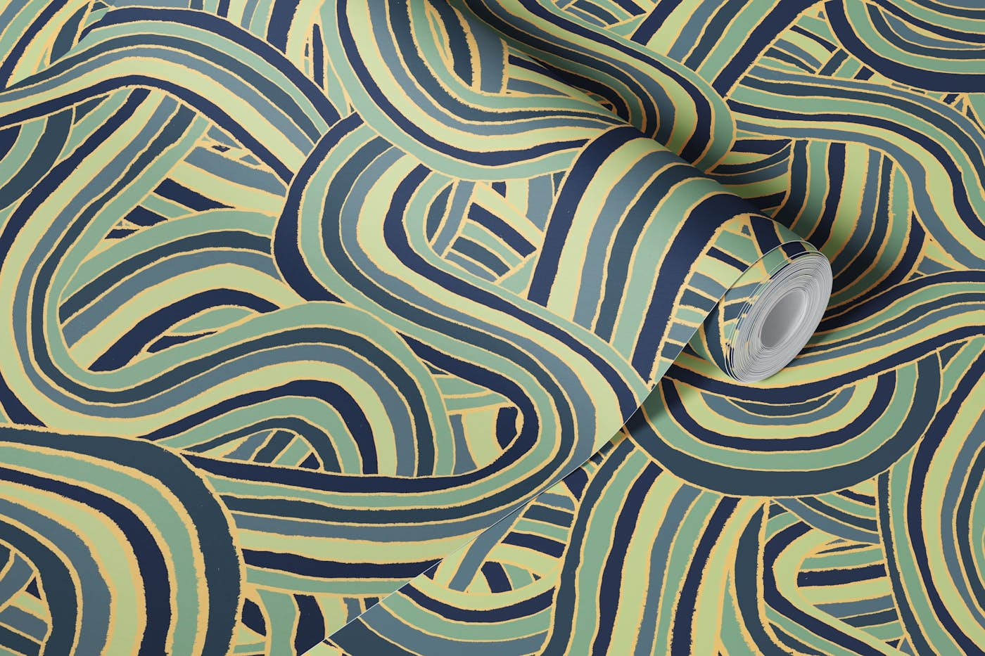 Abstract Handmade Lines and Stripes Green Colors wallpaper roll