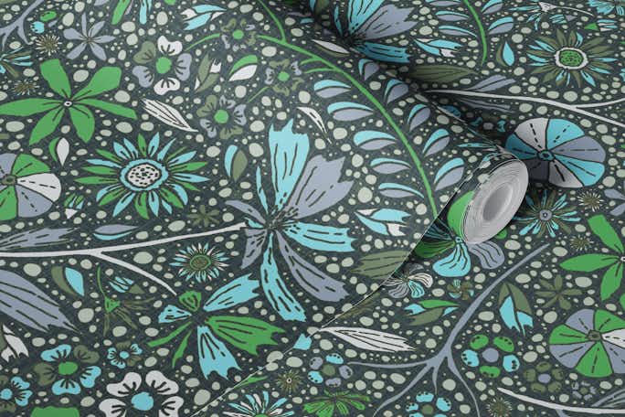 Maximalist bohemian floral pattern blue and tealwallpaper roll