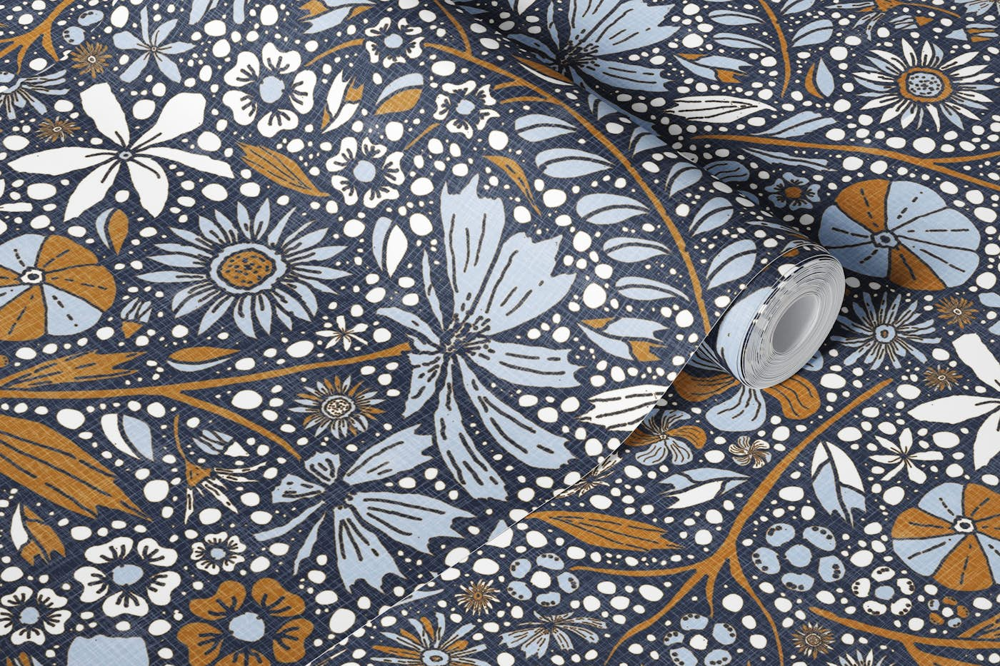 Maximalist bohemian floral pattern blue caramel wallpaper roll