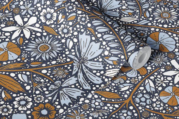 Maximalist bohemian floral pattern blue caramelwallpaper roll