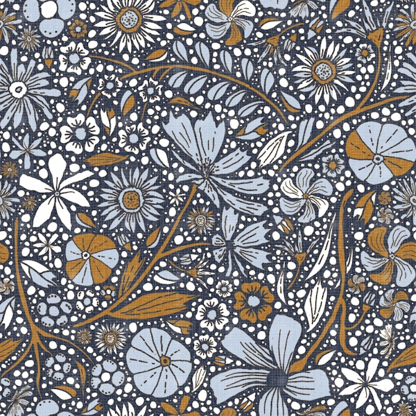 Maximalist bohemian floral pattern blue caramel