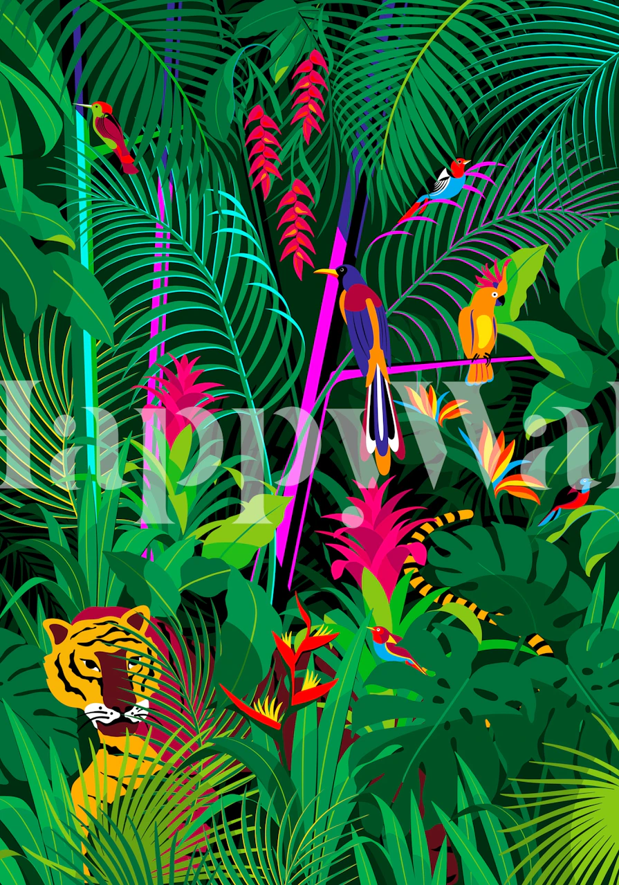 Tropical jungle wallpaper with vibrant birds and a tiger among lush green foliage