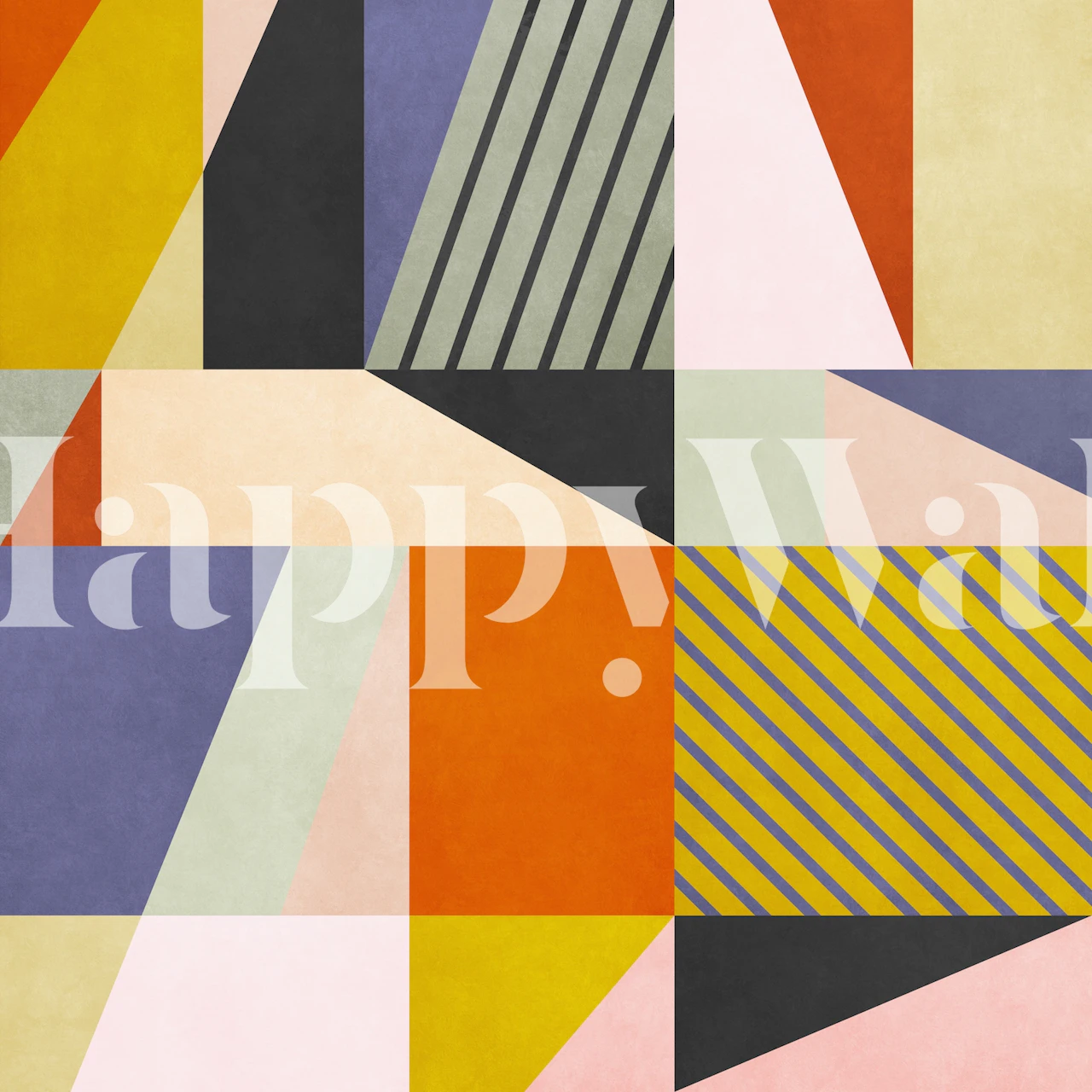 Colorful geometric shapes in orange, yellow, pink, blue, and gray wallpaper