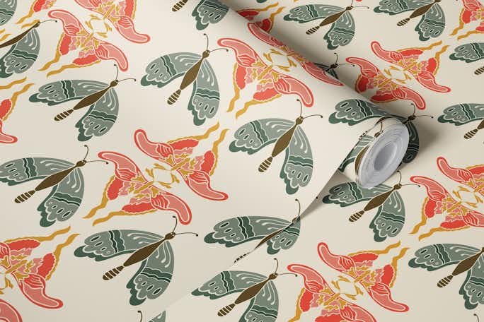 Green and red mothswallpaper roll