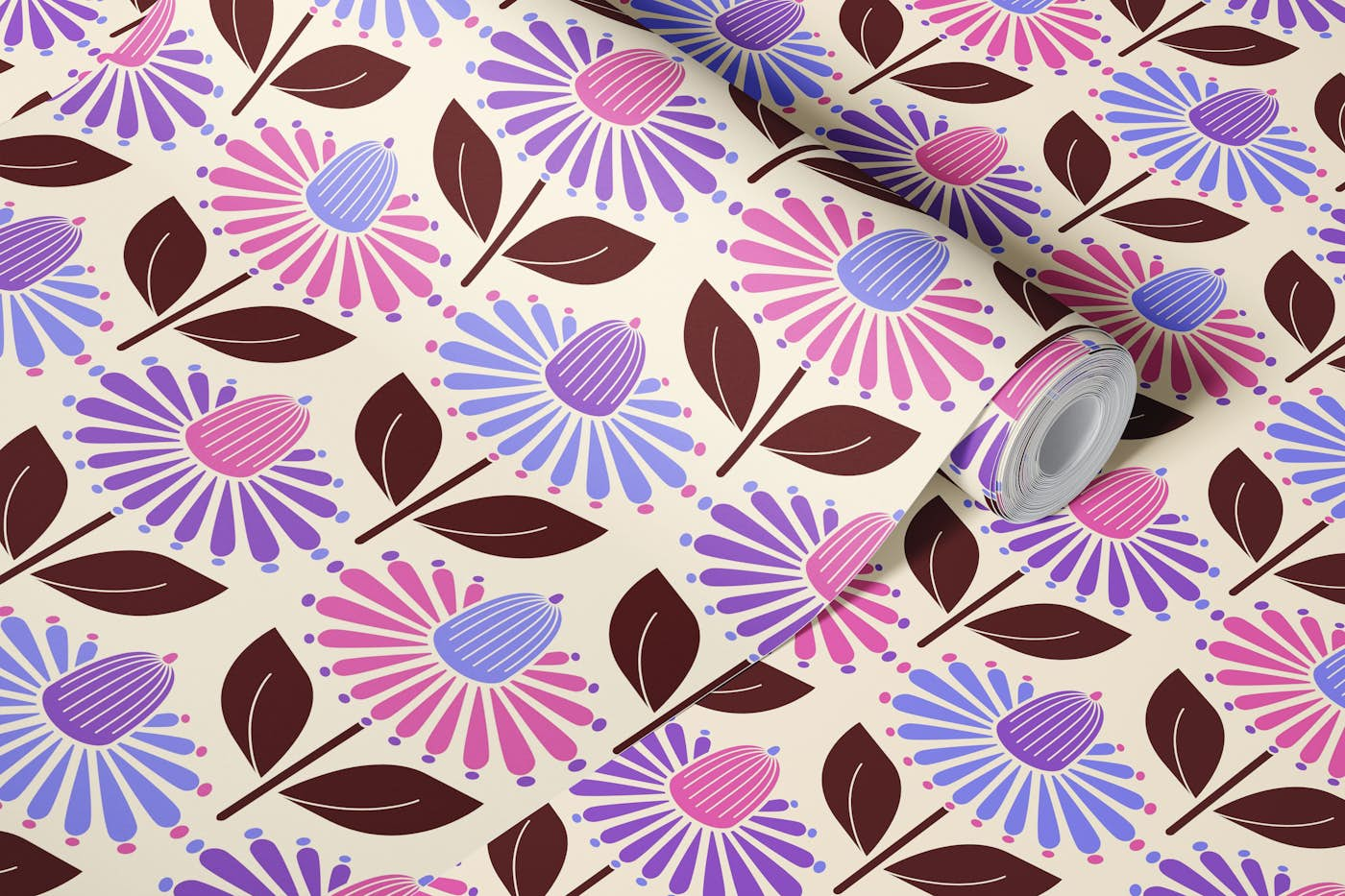 Happy retro coneflowers purple wallpaper roll