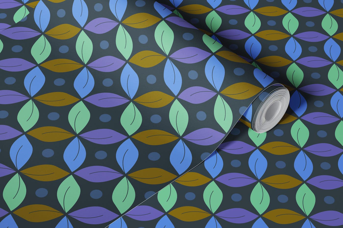 Happy retro circles dark blue, periwinkle, mint, moss wallpaper roll