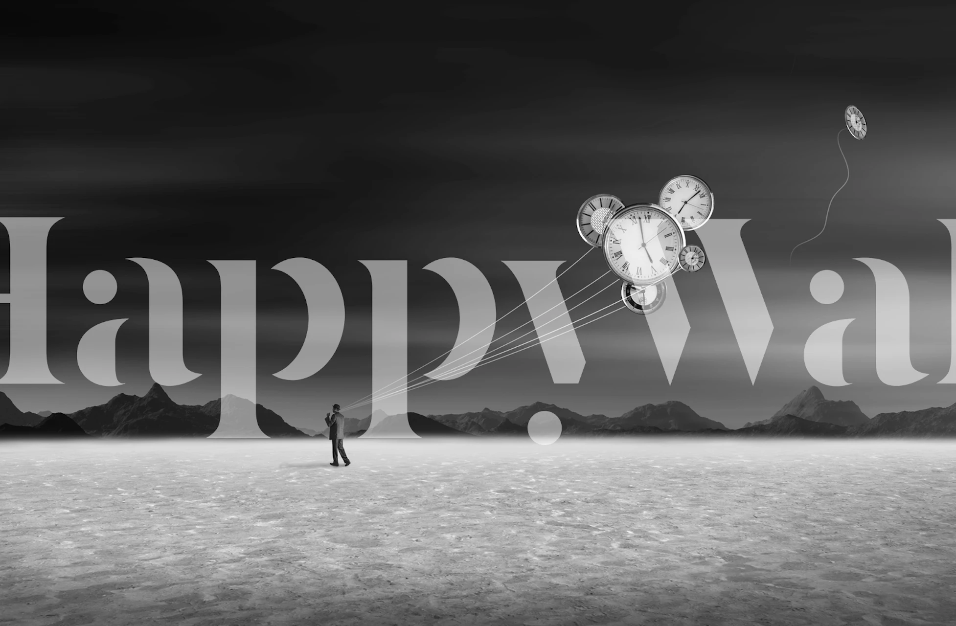 Wallpaper design featuring clocks and a figure