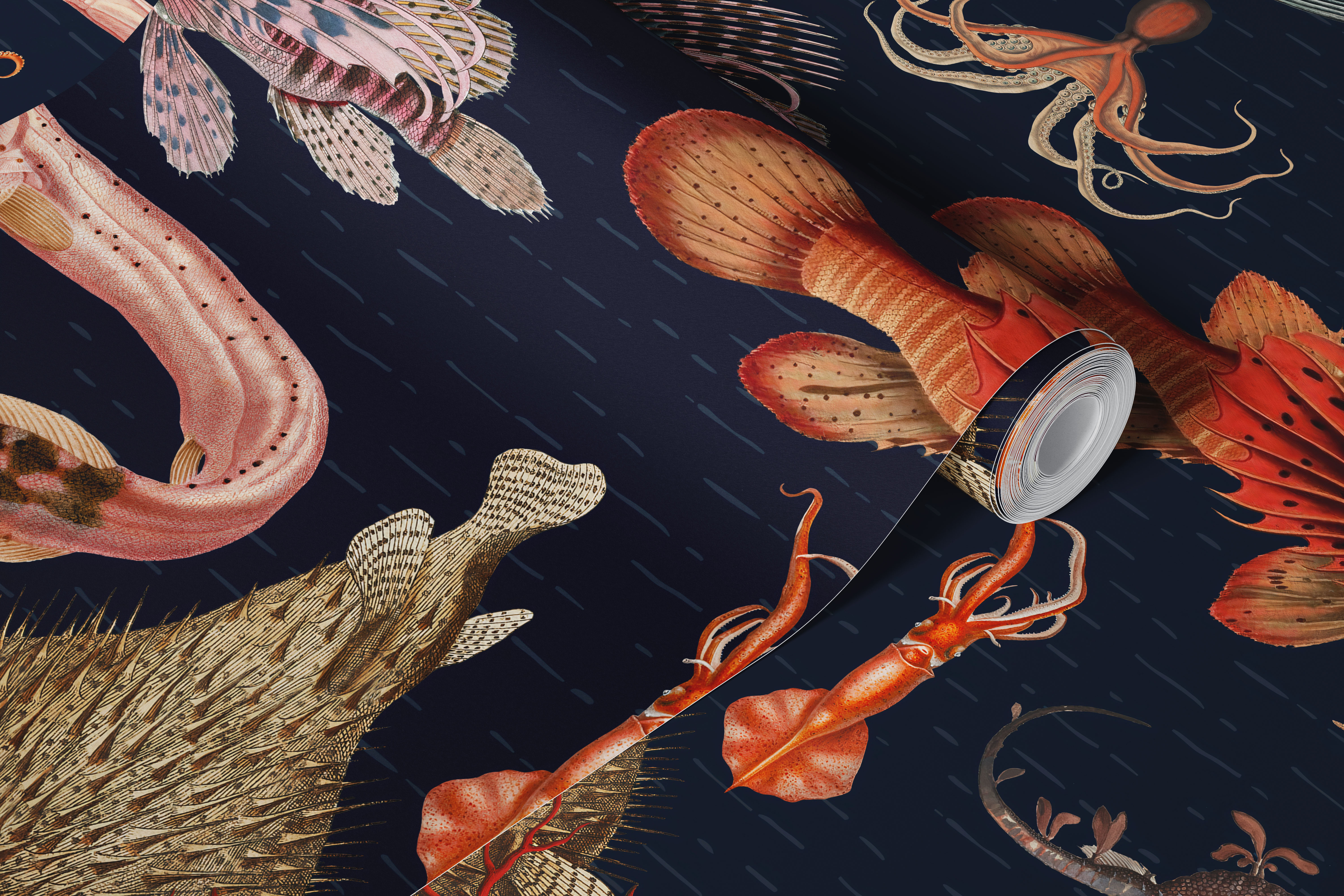 Navy blue oceanic pattern wall mural with marine life motifs