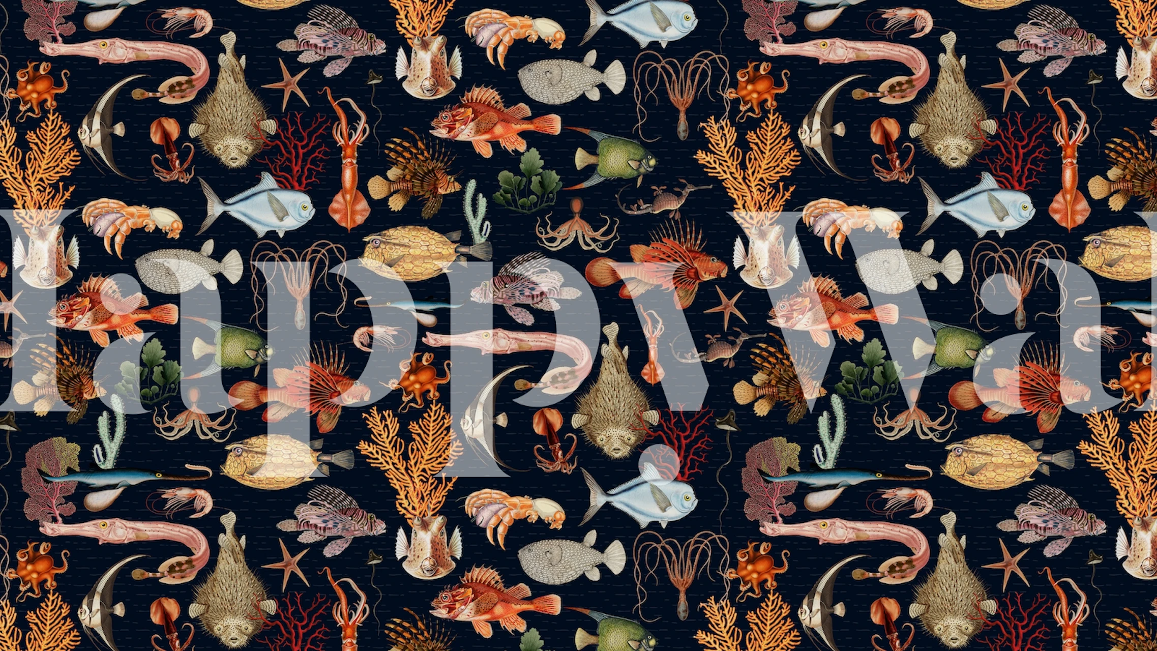 Navy blue oceanic pattern wall mural with marine life motifs