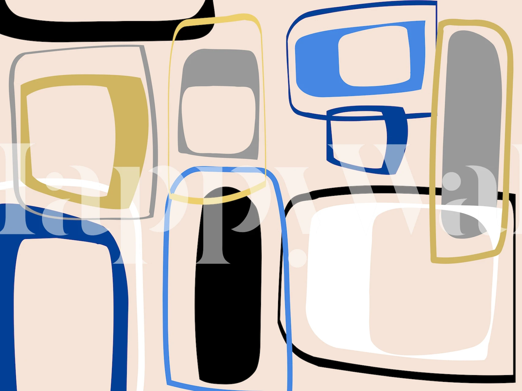 Abstract geometric wall mural with beige, navy, and black shapes with gold accents