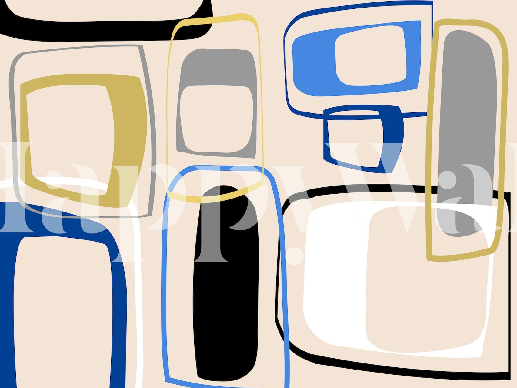 Abstract geometric wall mural with beige, navy, and black shapes with gold accents