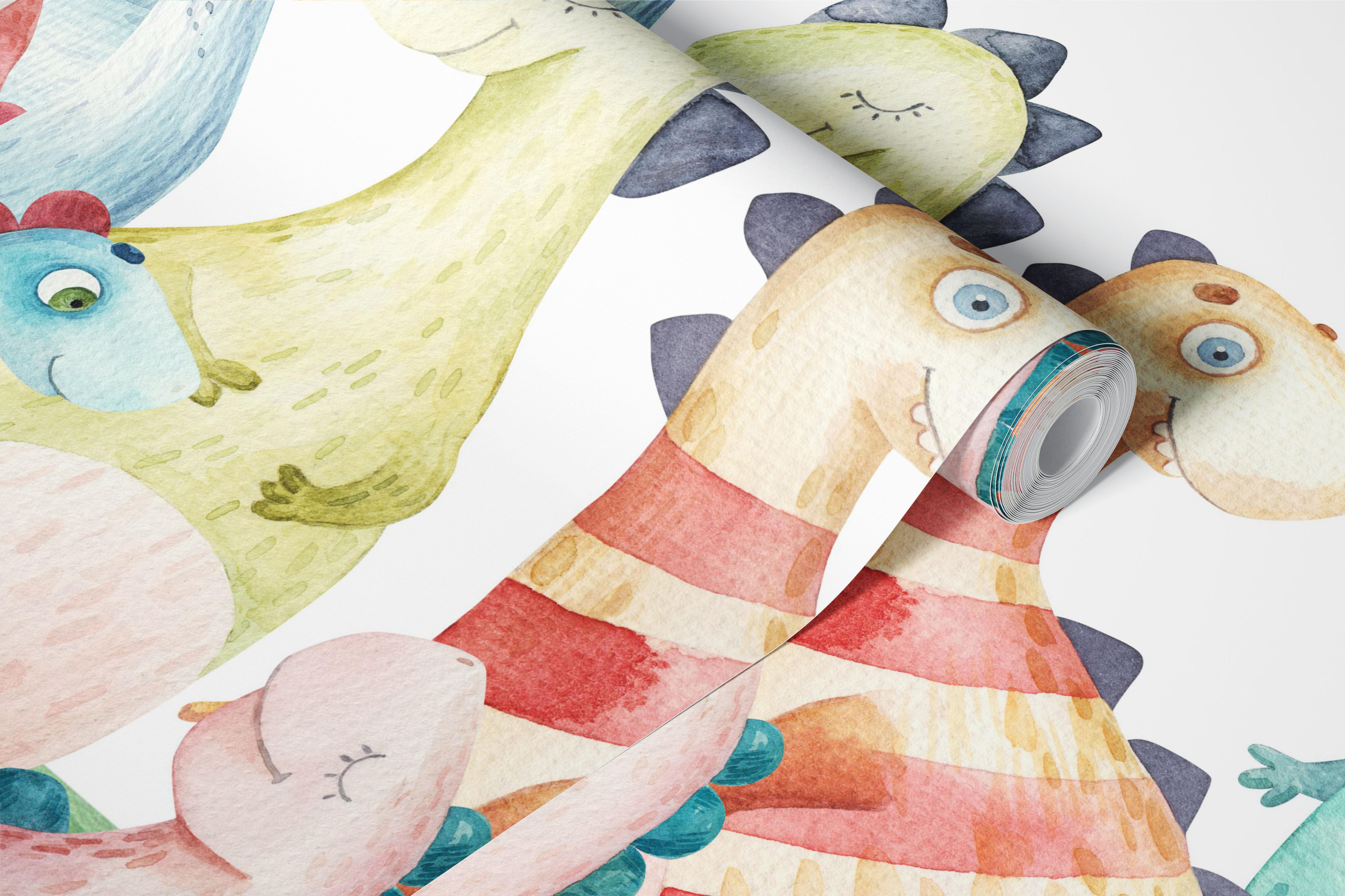 Carta da parati ad acquerello di una famiglia di dinosauri in un paesaggio color pastello