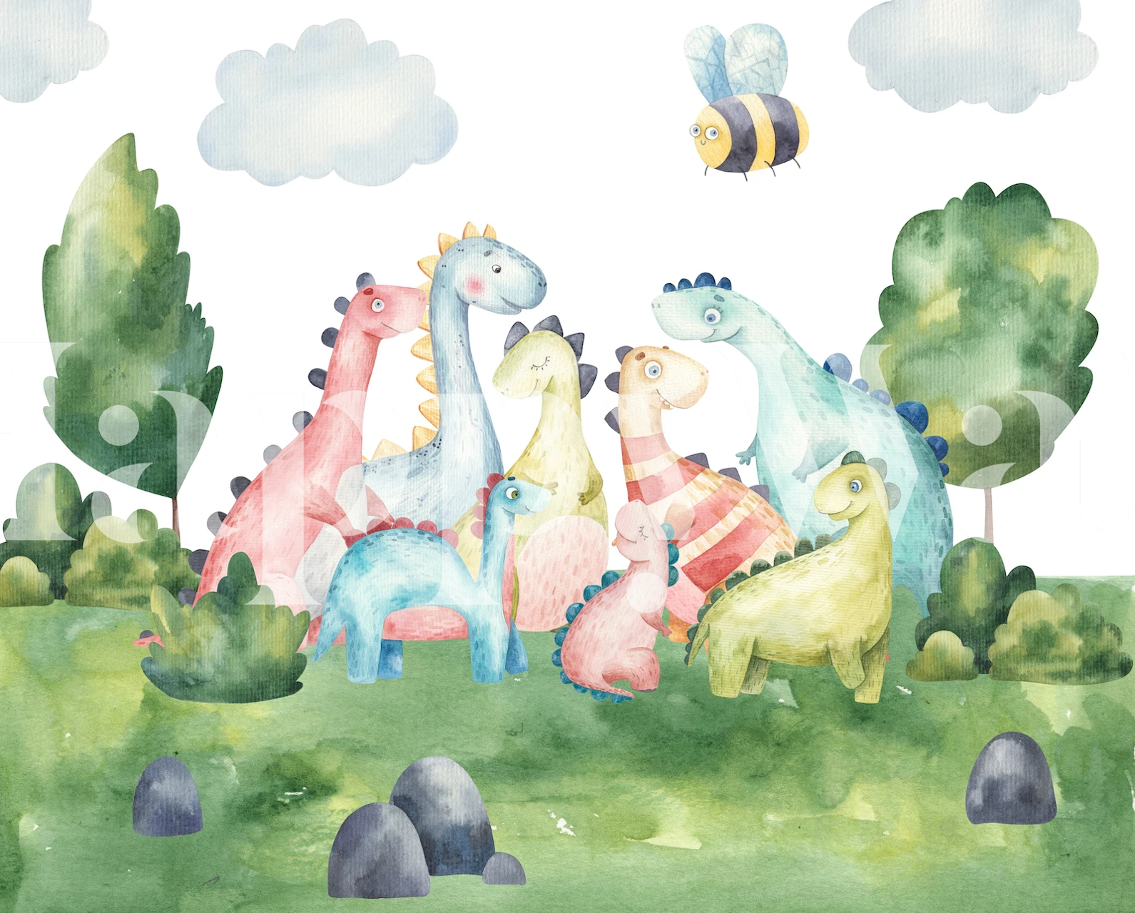 Akvarel vægmaleri af en dinosaurfamilie i et pastellandskab