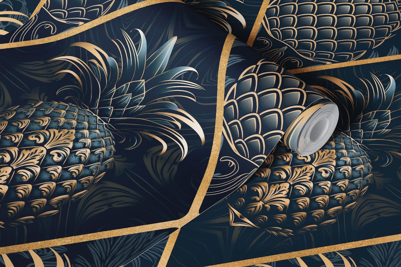 Exquisite Art Deco Design With Pineapple Ornamnt Blue Gold wallpaper roll