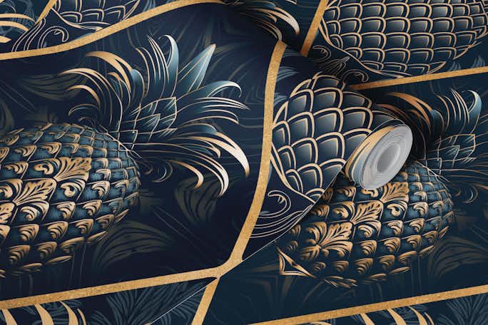 Exquisite Art Deco Design With Pineapple Ornamnt Blue Goldwallpaper roll