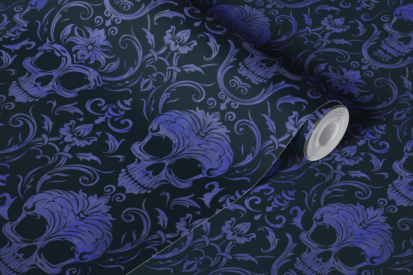 Dark Gothic Elegance Skull Damask Pattern Blue Black wallpaper roll