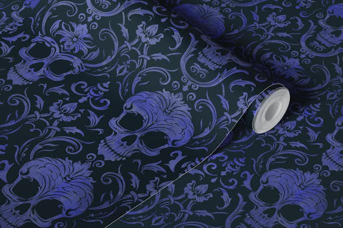 Dark Gothic Elegance Skull Damask Pattern Blue Blackwallpaper roll