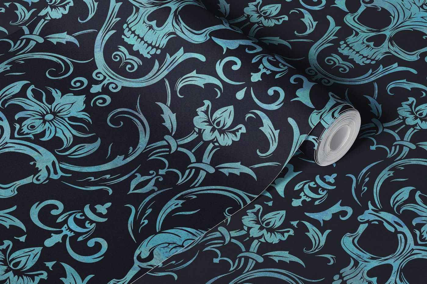 Dark Gothic Elegance Skull Damask Pattern Teal Black wallpaper roll