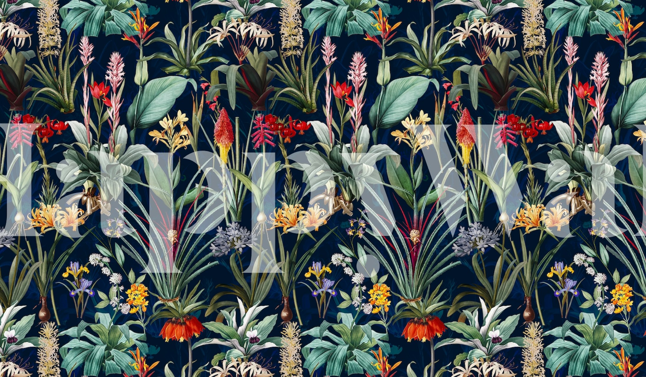 Mural de pared botánico que brilla en la oscuridad con plantas luminosas y exóticas en un entorno nocturno.